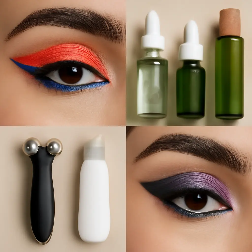 Collage of bold color makeup, sustainable skincare rituals, and tech beauty devices