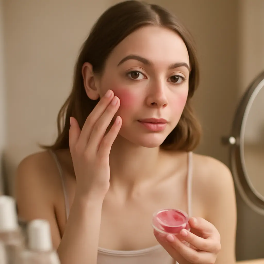 Person applying minimal makeup at a vanity, focusing on multi-use cream products