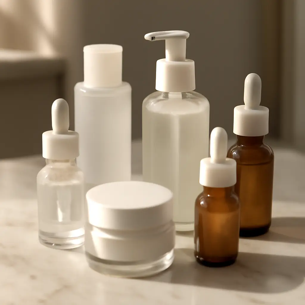 Assorted clean and traditional skincare bottles on a vanity