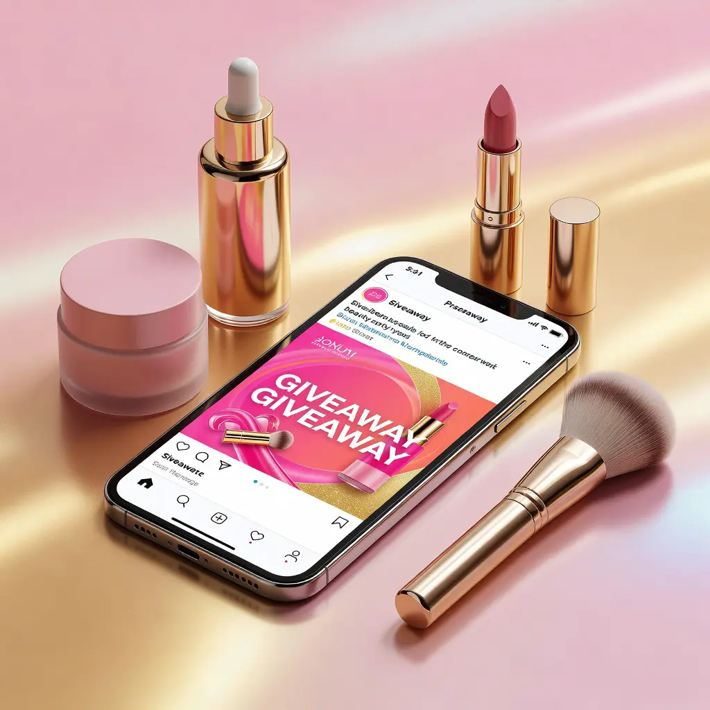 Beauty giveaway registration on social media Smartphone screen displaying a beauty brand social media giveaway with skincare products and registration details, illustrating how to win free beauty rewards through online competitions
