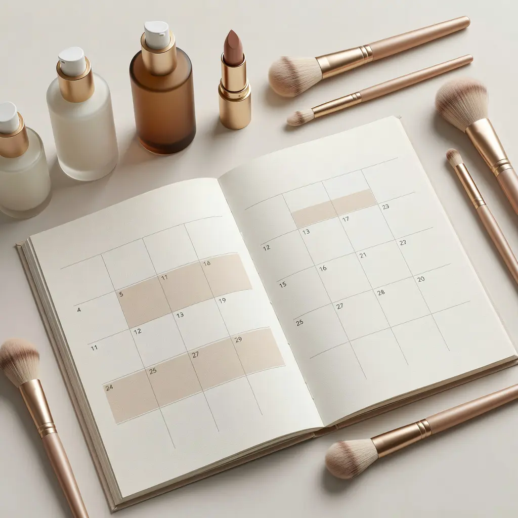 Premium skincare and makeup products arranged on an open planner calendar with highlighted dates marking upcoming beauty sale events for strategic purchase planning