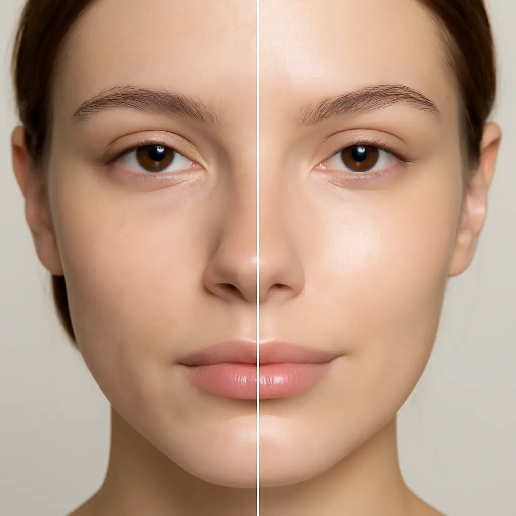 Before and after skincare results Split comparison showing dull tired skin on one side and radiant glowing skin on the other