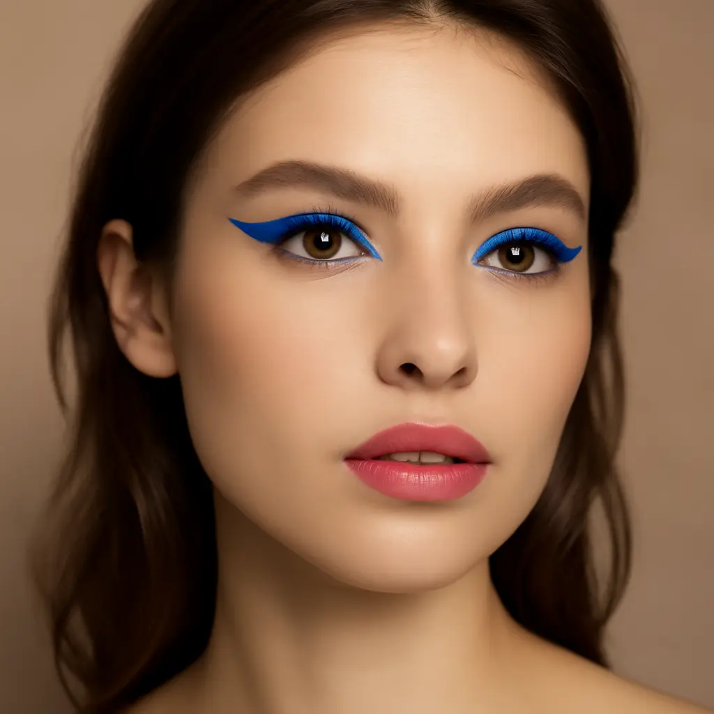Model wearing bright blue eyeliner and glossy pink lips