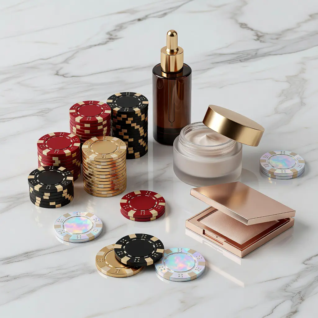 No-deposit casino bonus chips and tokens arranged beside luxury skincare bottles and cosmetics on a clean white marble surface