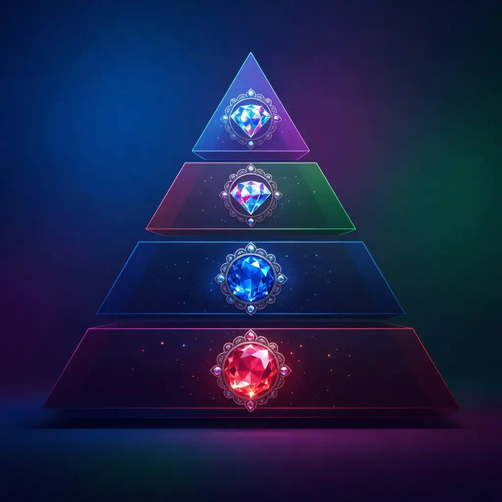 Casino reward architecture overview for skin perk hunters A stylized layered reward tier diagram with glowing cosmetic skin icons ascending from basic to premium on a jewel-toned background