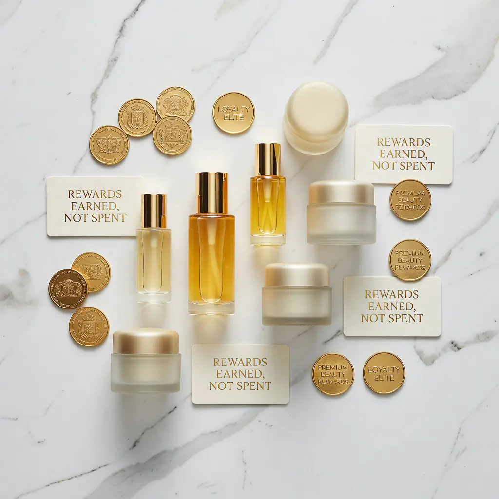 Casino-style beauty rewards concept Luxury skincare products arranged alongside golden reward tokens on a marble surface, representing the concept of free spiny bez vkladu za registraci applied to beauty brand loyalty programs