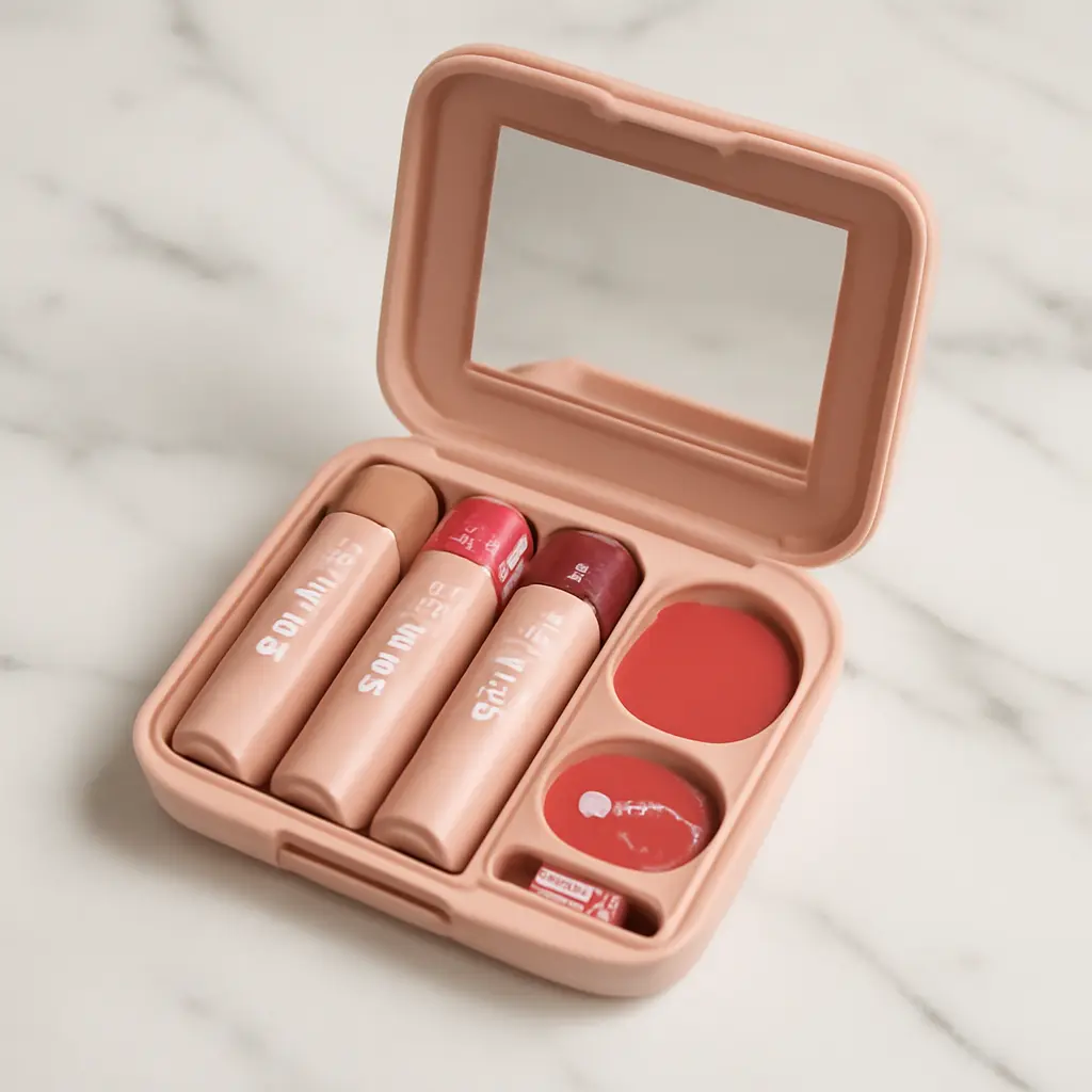 Small travel makeup kit with multi-use sticks and tiny brushes