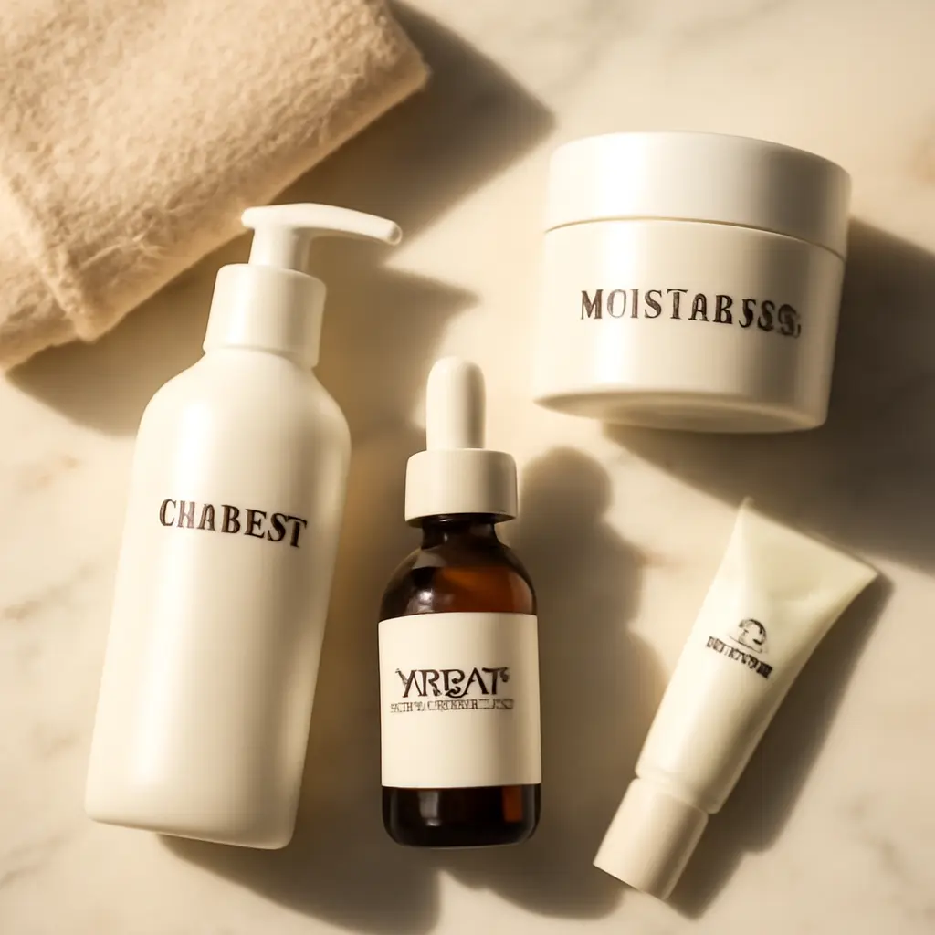 Evening skincare routine setup Organized nighttime skincare products on a marble bathroom counter with soft lighting