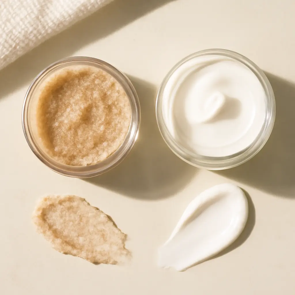 Skincare essentials for exfoliation and hydration on vanity