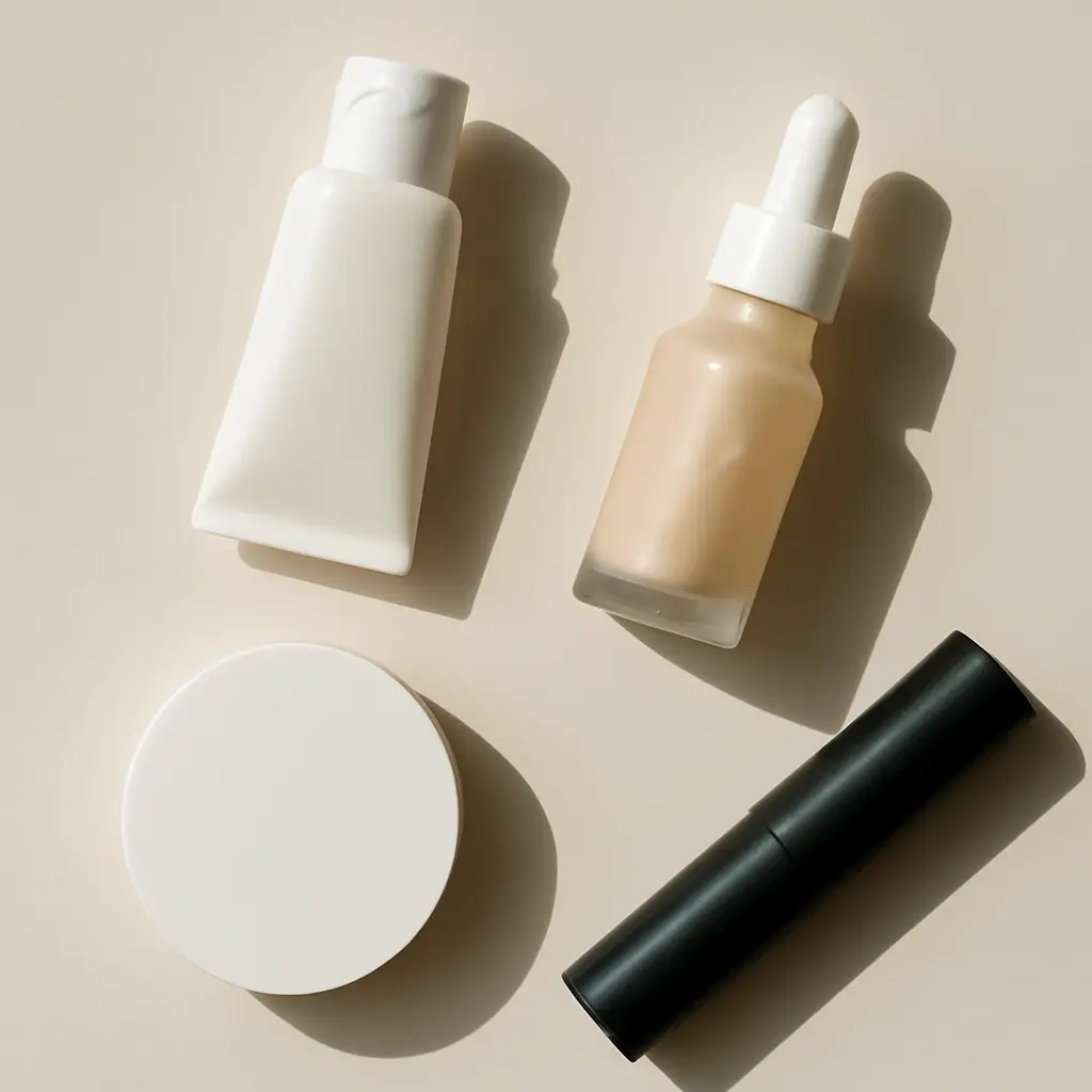 A flat lay of compact beauty essentials for a five-minute routine