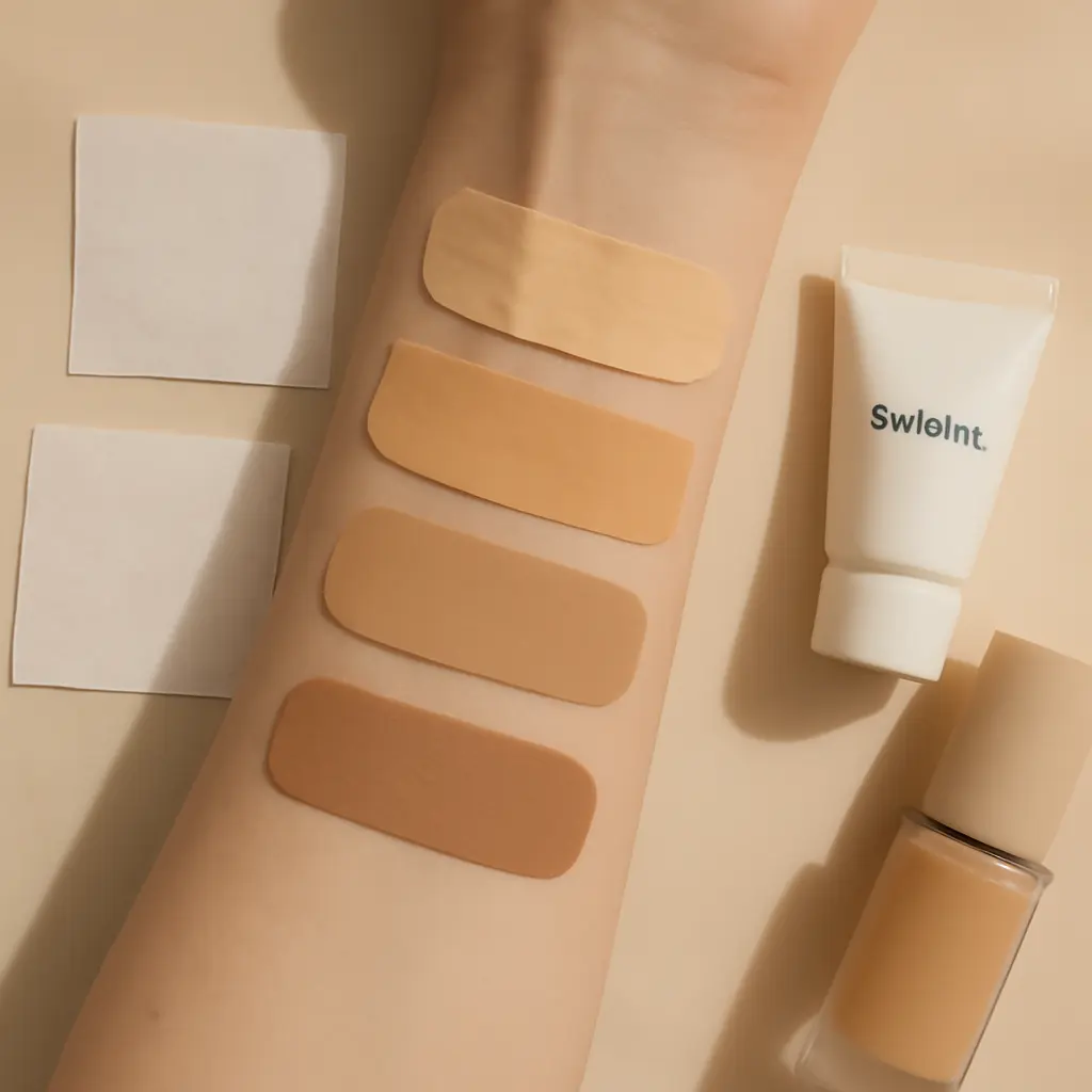 Foundation swatches on a forearm and testing tools like blotting papers and primer