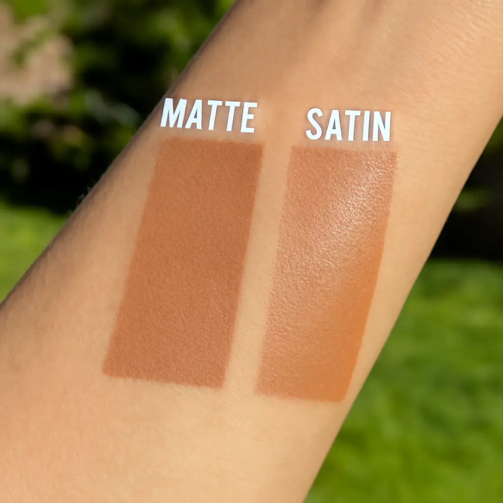 Swatches comparing matte and satin finishes on skin