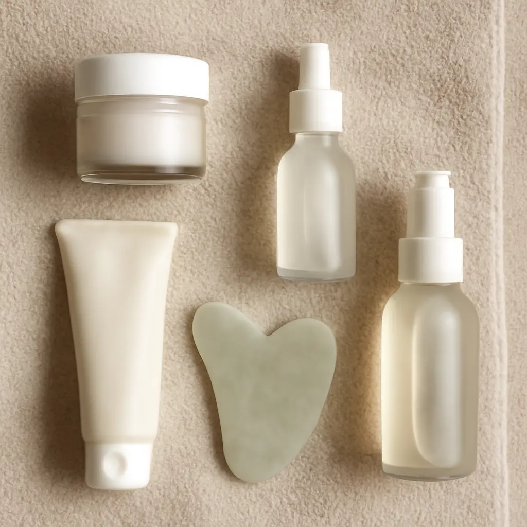 Products and tools laid out for a glow routine