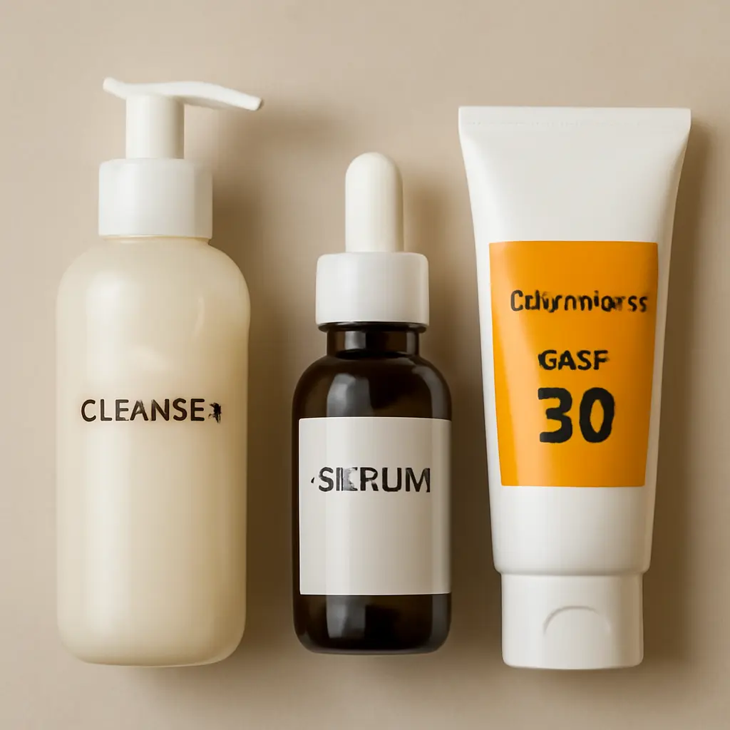 Flatlay of skincare products for a glowing skin routine