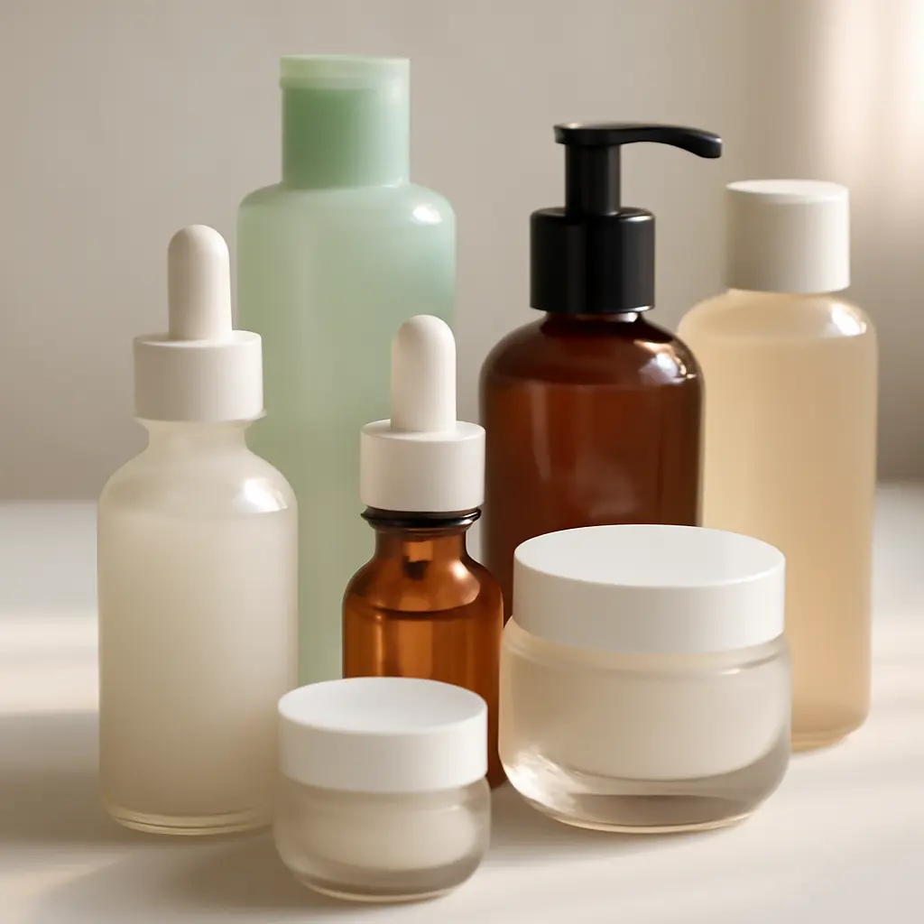 A neatly arranged set of skincare products for layering
