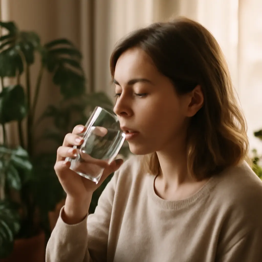 Woman drinking water and sleeping well, representing lifestyle for glowing skin