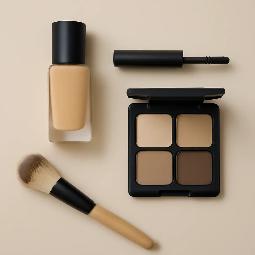 Flatlay of minimal makeup essentials including foundation, mascara, and a neutral palette