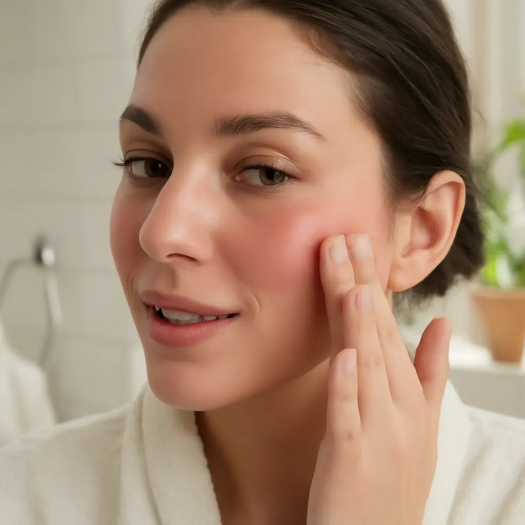 Person applying quick cream blush in front of a mirror