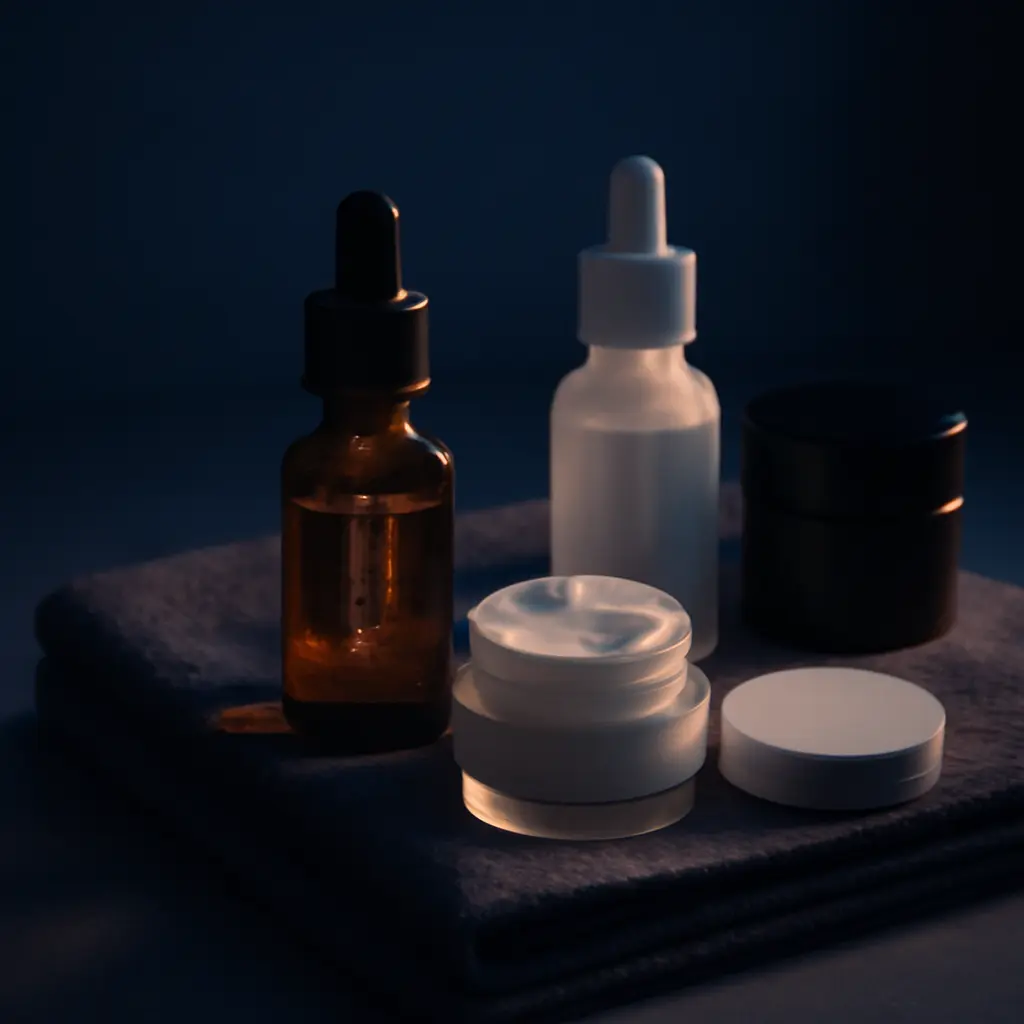 A nighttime skincare setup with serum droppers and moisturizers
