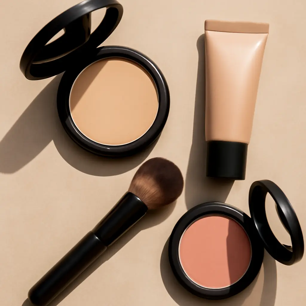 Compact makeup essentials laid out for a quick morning routine