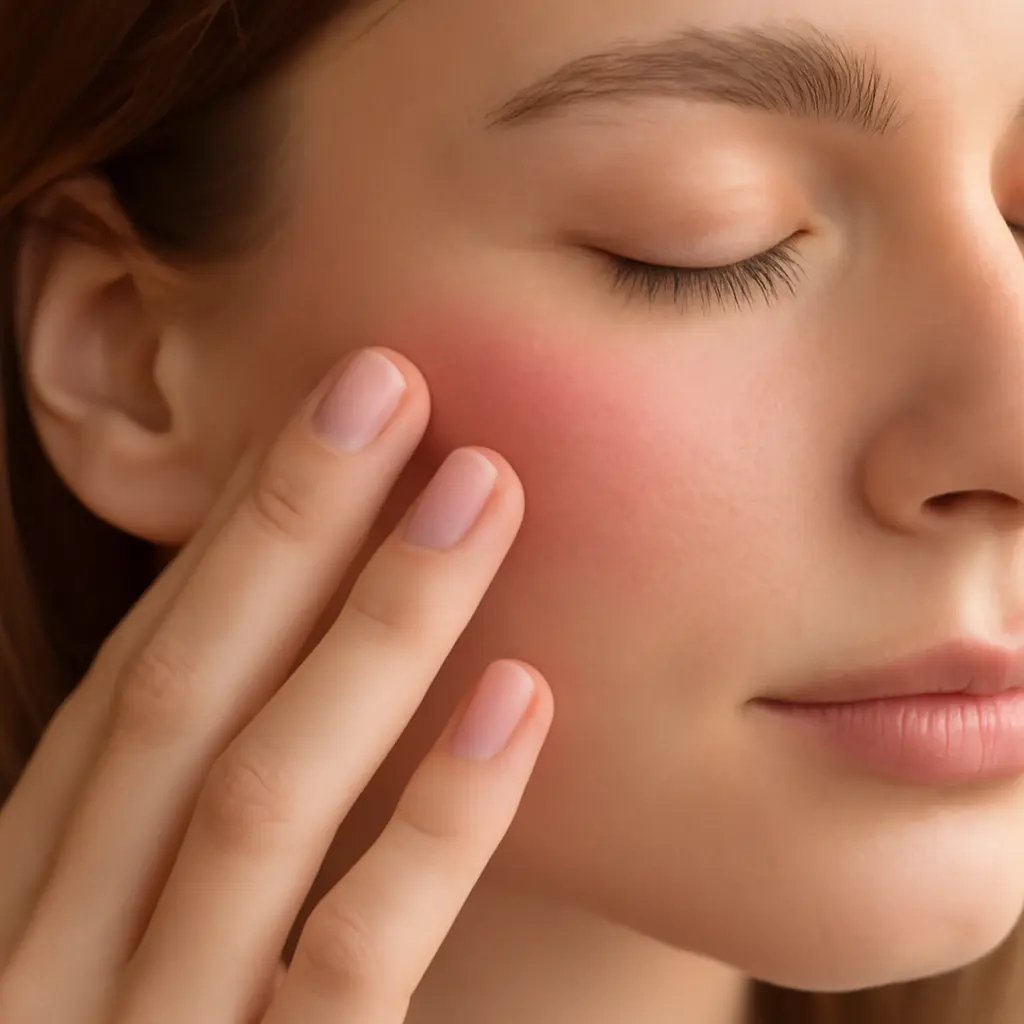 A person applying cream blush in natural light during a quick morning routine