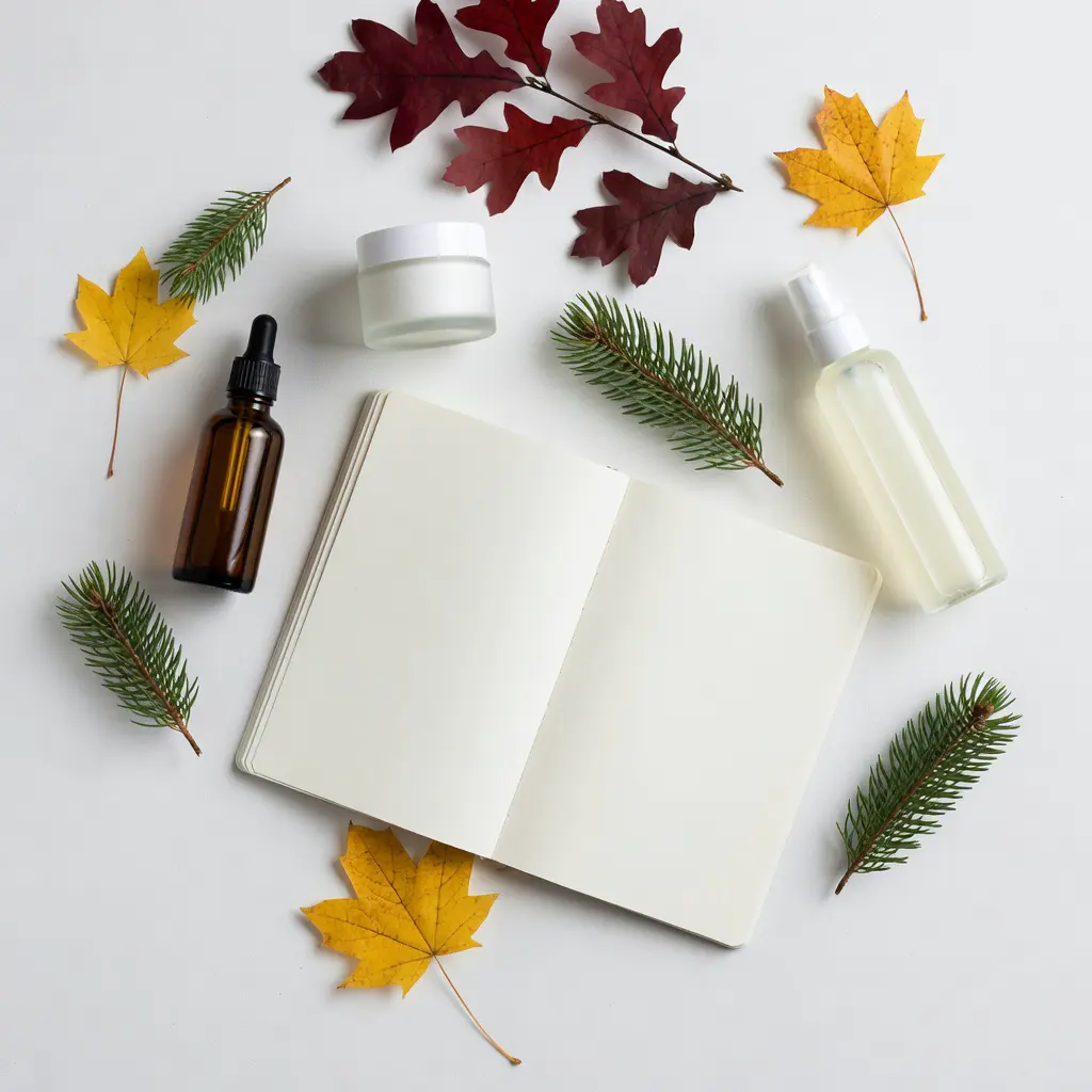 Seasonal beauty reward calendar planning Flat-lay of a planner, skincare products, and seasonal botanicals arranged on a white surface to illustrate strategic timing for claiming free beauty registration rewards throughout the year