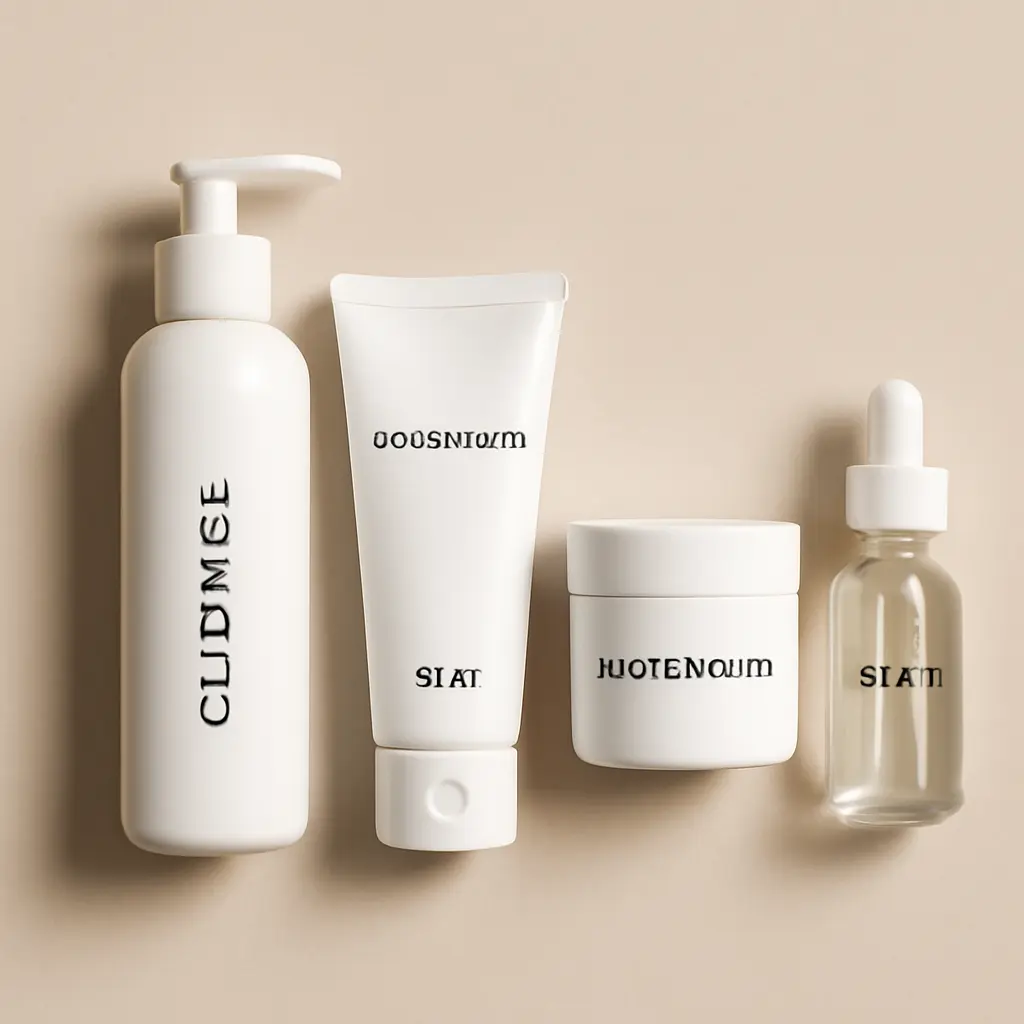 Minimal skincare products laid out neatly for a simplified routine