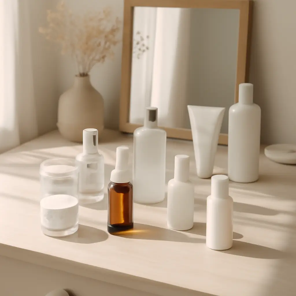 A cluttered vanity with many skincare bottles arranged haphazardly