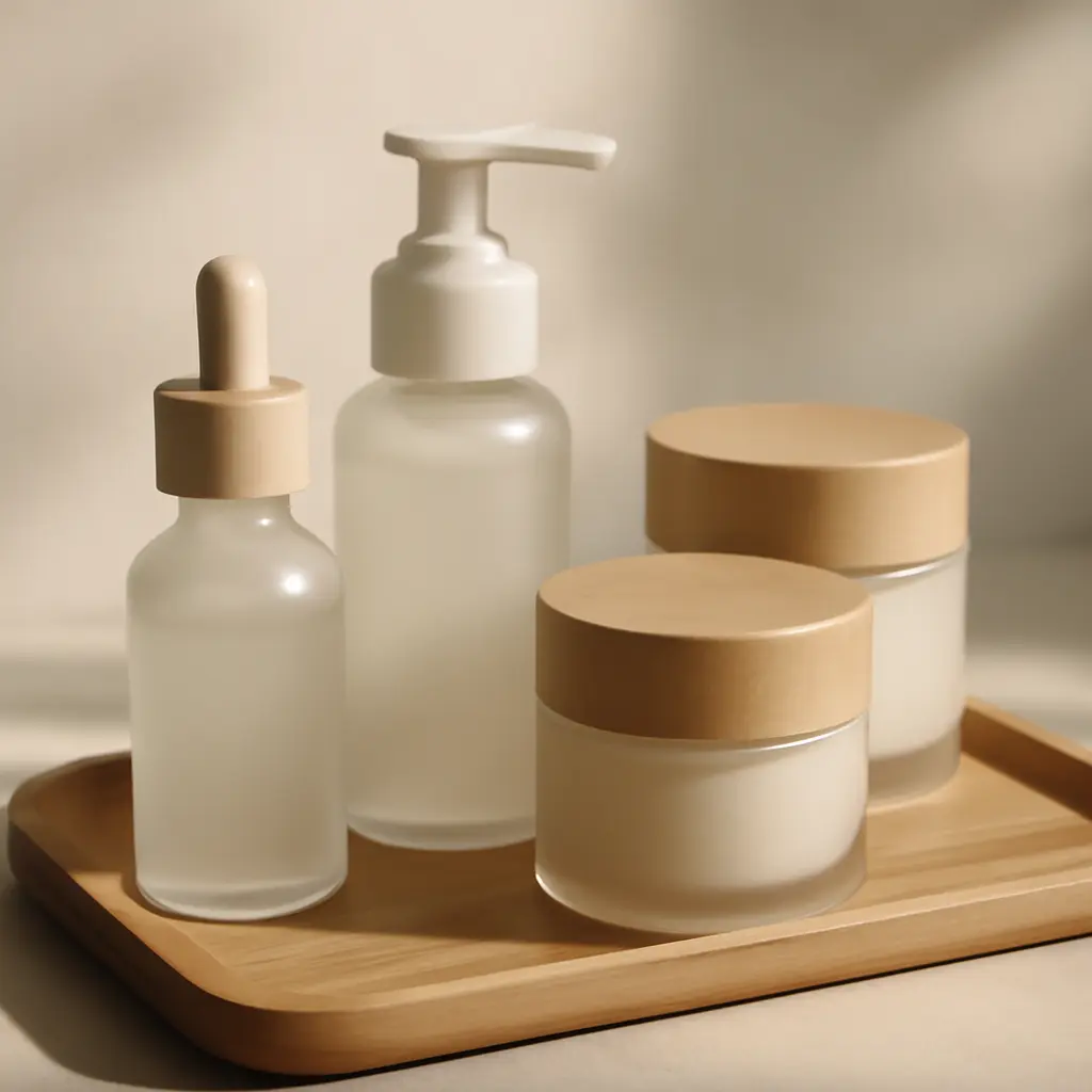 Eco-friendly beauty jars and refillable bottles on wooden tray