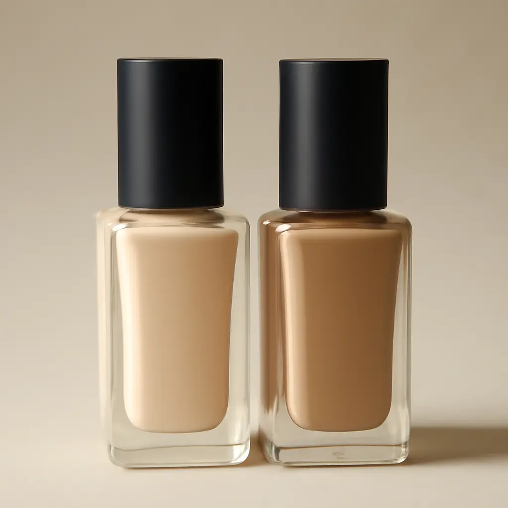 Two foundation bottles, one drugstore and one high-end, on a neutral background