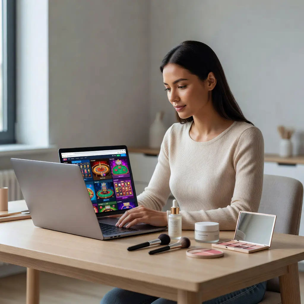 Young woman reviewing casino bonus comparison websites on a laptop with luxury skincare products arranged beside her on a modern desk